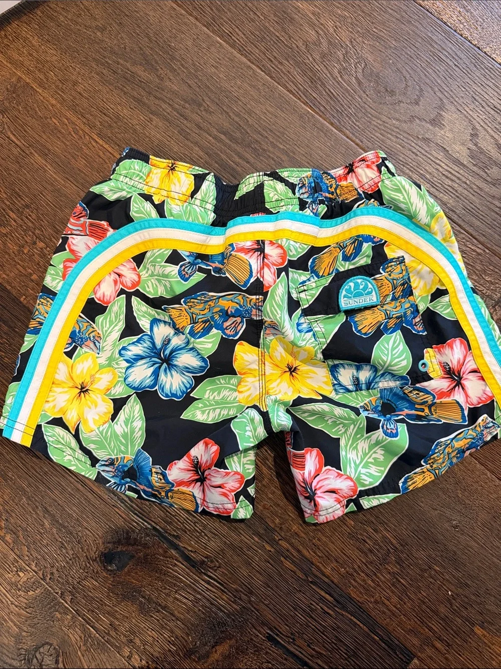 Sundek Black Tropical Floral Swim Trunks with Multicolor Hibiscus